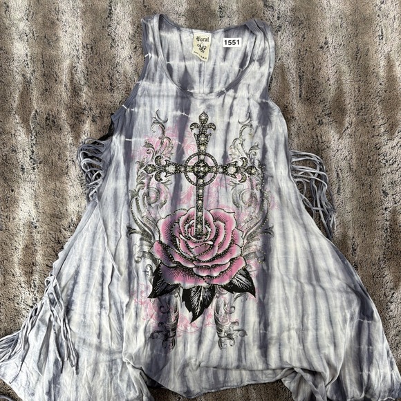 Vocal Dresses & Skirts - Vocal Gray Tie Dye Embellished Cross Pink Rose Tunic Dress Sleeveless USA Medium